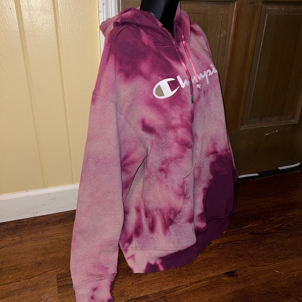 Champion Pink Gray Tie-Dye Logo Fleece Long Sleeve Cozy Pullover Hoodie Size 2XL - Picture 2 of 9